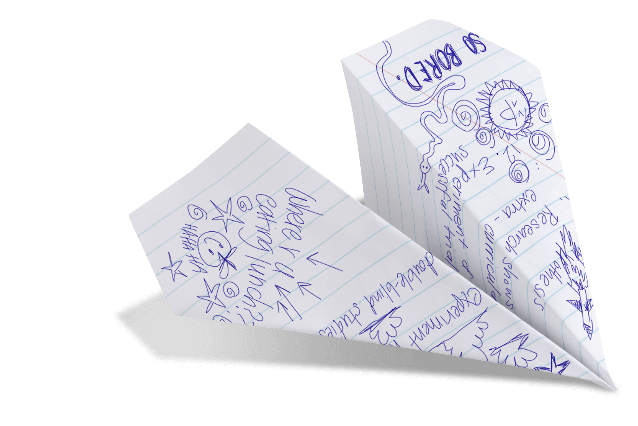 Paper airplane with notes and scribbles on it